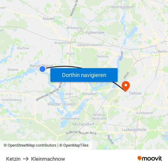 Ketzin to Kleinmachnow map