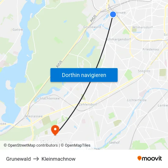 Grunewald to Kleinmachnow map