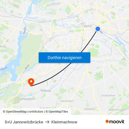 S+U Jannowitzbrücke to Kleinmachnow map