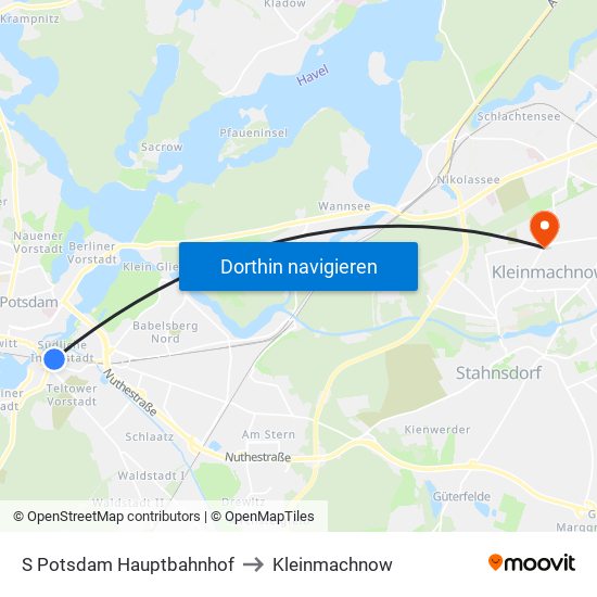 S Potsdam Hauptbahnhof to Kleinmachnow map