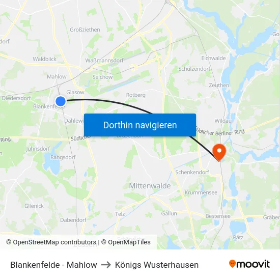 Blankenfelde - Mahlow to Königs Wusterhausen map