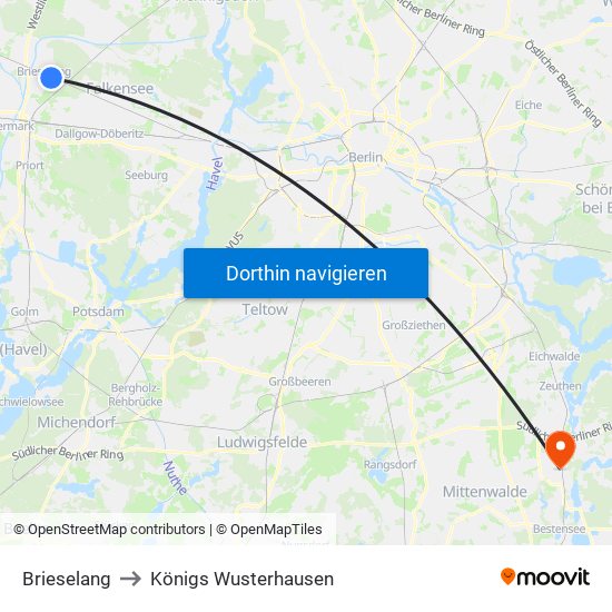 Brieselang to Königs Wusterhausen map