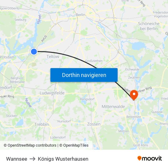 Wannsee to Königs Wusterhausen map