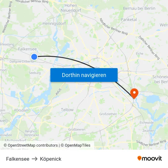 Falkensee to Köpenick map
