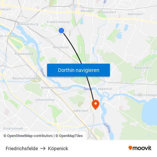 Friedrichsfelde to Köpenick map