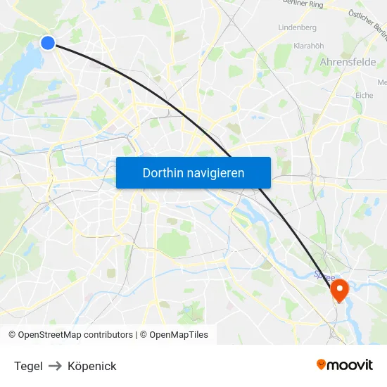 Tegel to Köpenick map