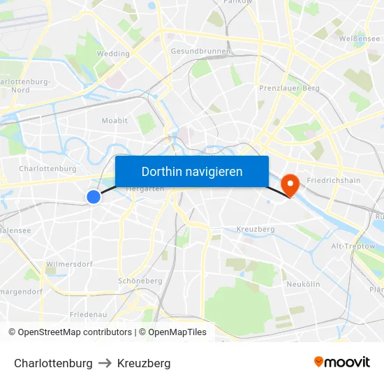 Charlottenburg to Kreuzberg map