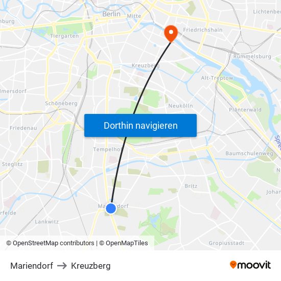 Mariendorf to Kreuzberg map