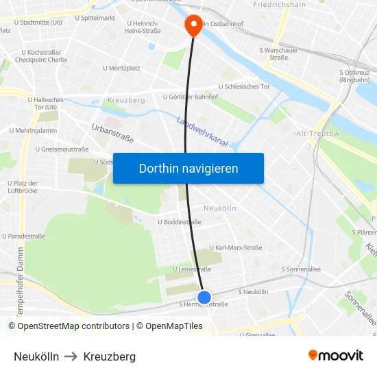Neukölln to Kreuzberg map