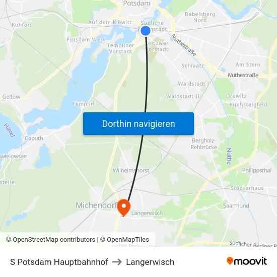 S Potsdam Hauptbahnhof to Langerwisch map