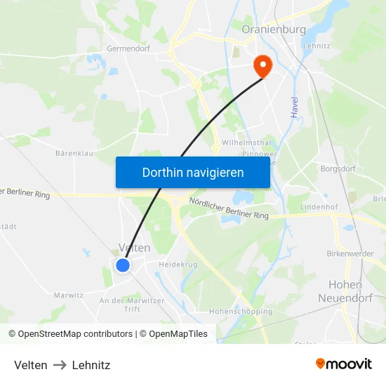 Velten to Lehnitz map