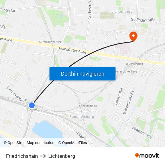Friedrichshain to Lichtenberg map