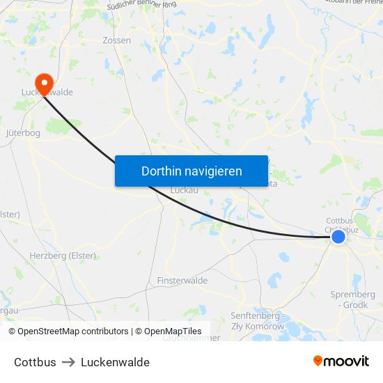 Cottbus to Luckenwalde map