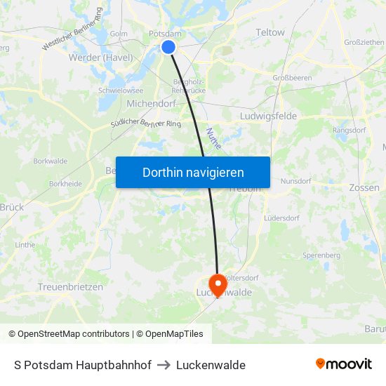 S Potsdam Hauptbahnhof to Luckenwalde map