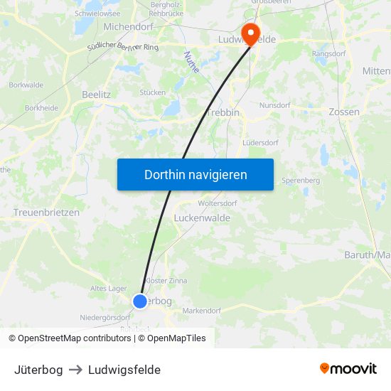 Jüterbog to Ludwigsfelde map