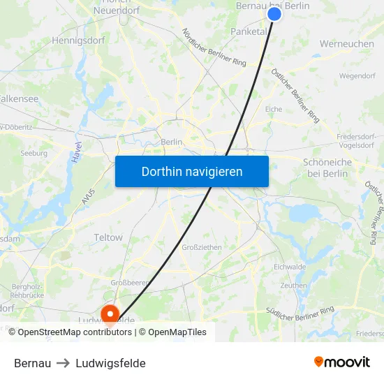Bernau to Ludwigsfelde map