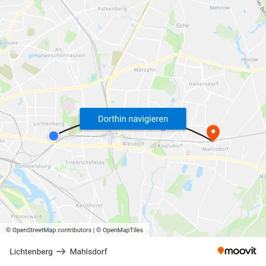 Lichtenberg to Mahlsdorf map