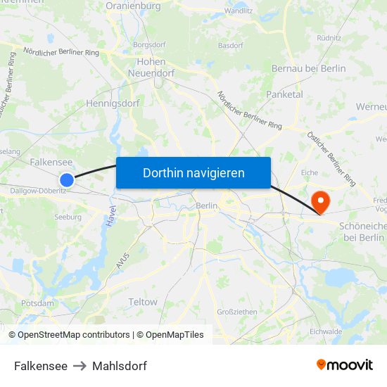 Falkensee to Mahlsdorf map