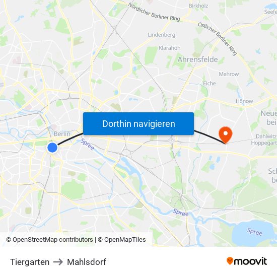 Tiergarten to Mahlsdorf map