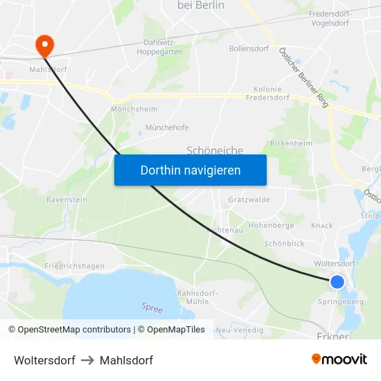 Woltersdorf to Mahlsdorf map