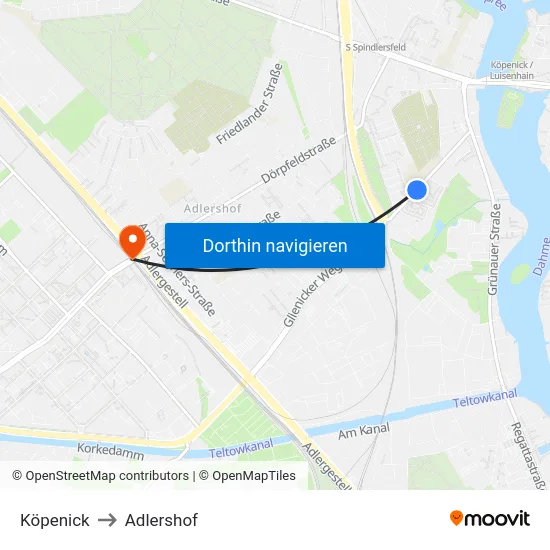 Köpenick to Adlershof map