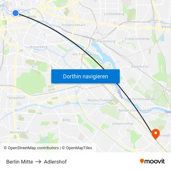 Berlin Mitte to Adlershof map