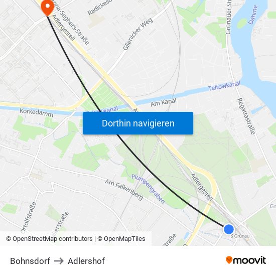 Bohnsdorf to Adlershof map