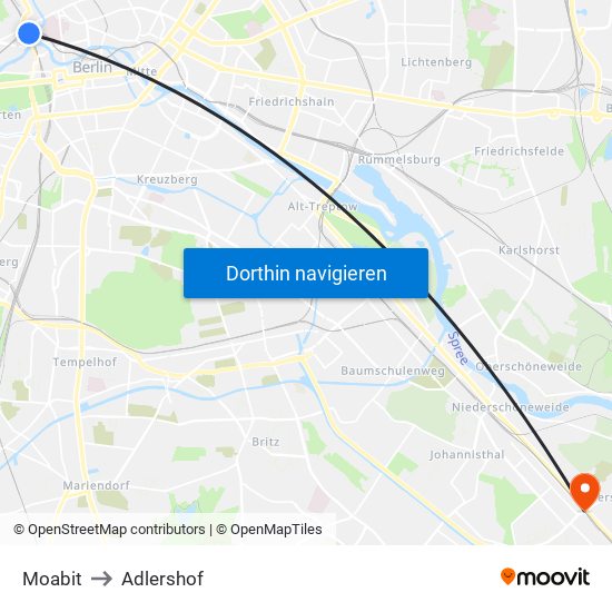 Moabit to Adlershof map