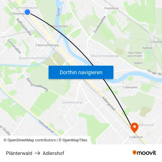 Plänterwald to Adlershof map