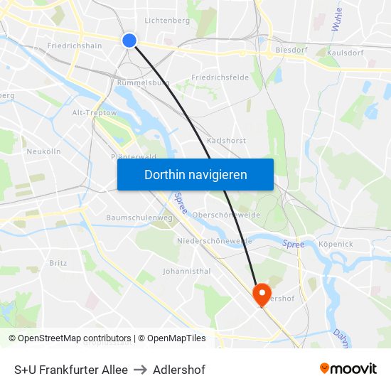 S+U Frankfurter Allee to Adlershof map