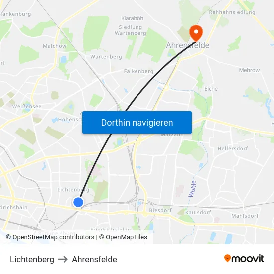 Lichtenberg to Ahrensfelde map