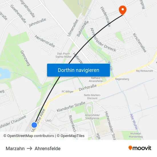 Marzahn to Ahrensfelde map