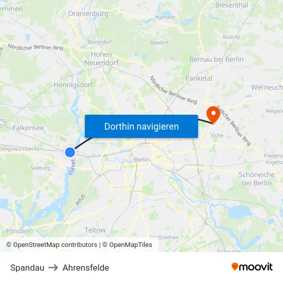 Spandau to Ahrensfelde map