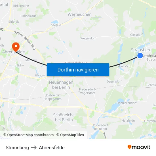 Strausberg to Ahrensfelde map