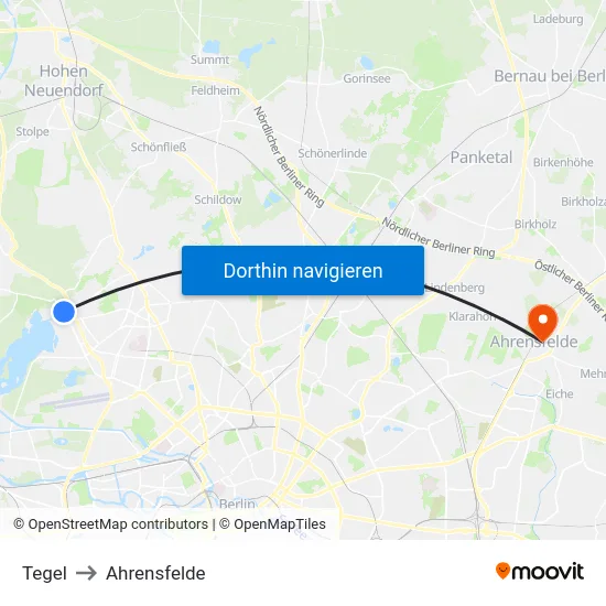 Tegel to Ahrensfelde map