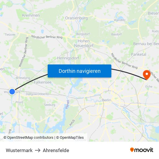 Wustermark to Ahrensfelde map