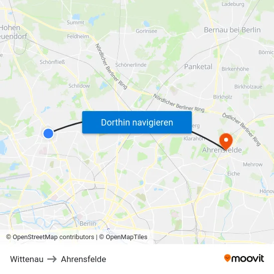 Wittenau to Ahrensfelde map