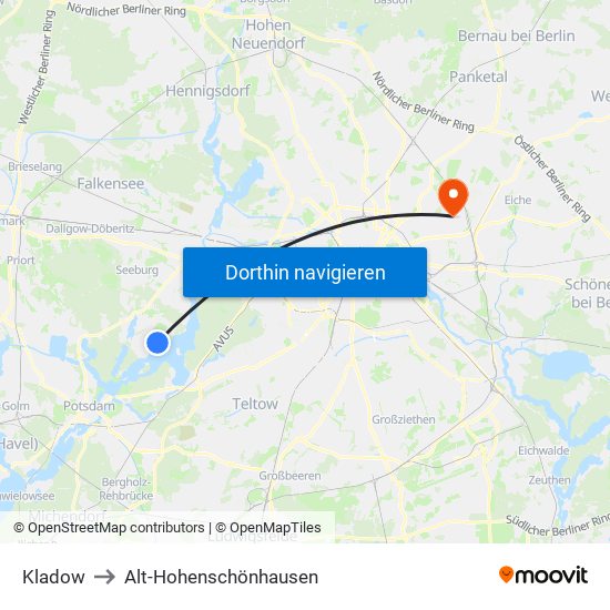 Kladow to Alt-Hohenschönhausen map