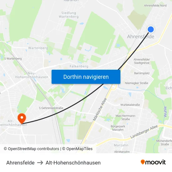Ahrensfelde to Alt-Hohenschönhausen map
