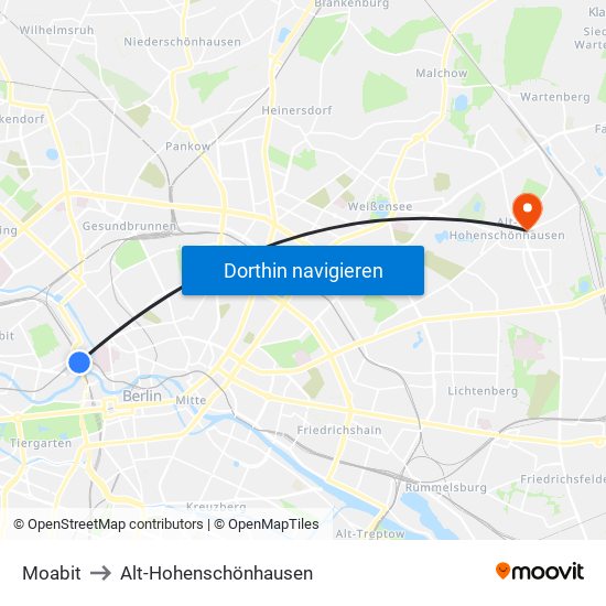 Moabit to Alt-Hohenschönhausen map