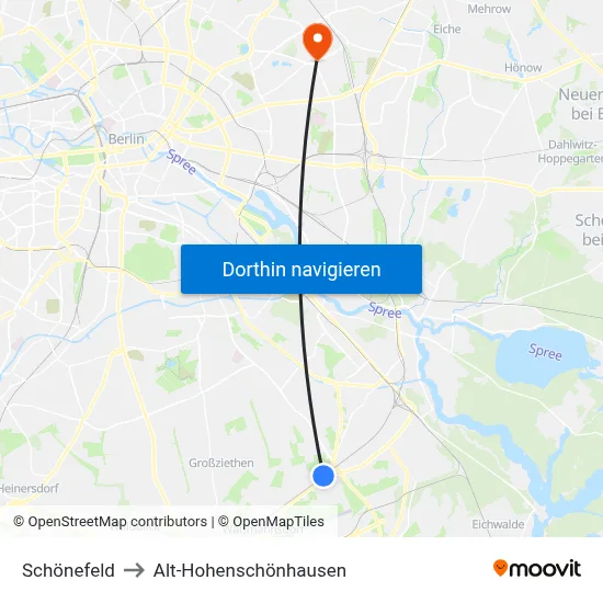Schönefeld to Alt-Hohenschönhausen map
