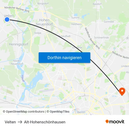 Velten to Alt-Hohenschönhausen map