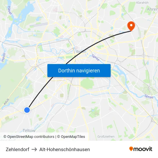 Zehlendorf to Alt-Hohenschönhausen map