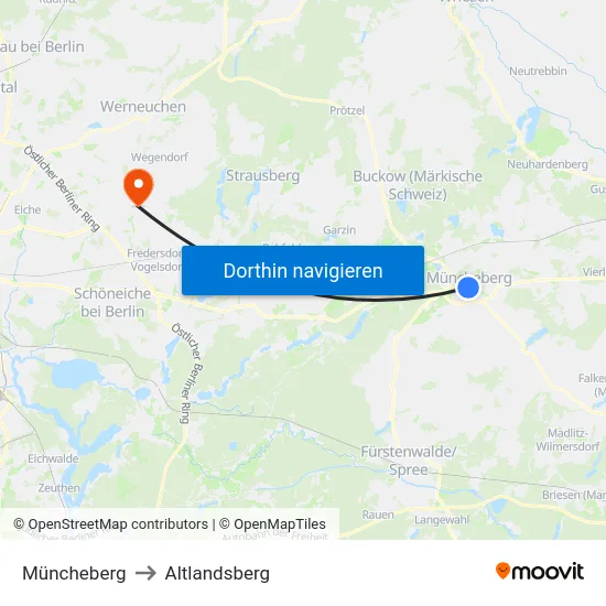 Müncheberg to Altlandsberg map