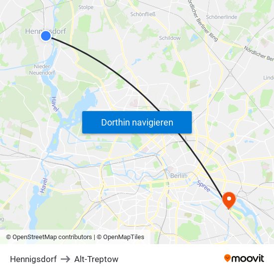 Hennigsdorf to Alt-Treptow map