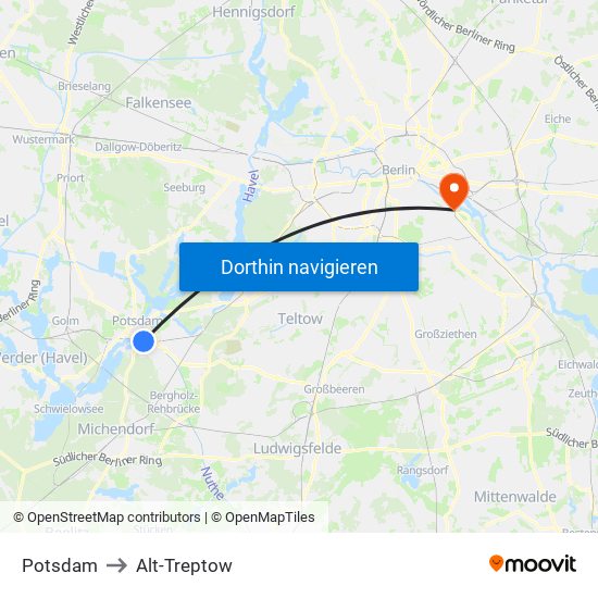 Potsdam to Alt-Treptow map