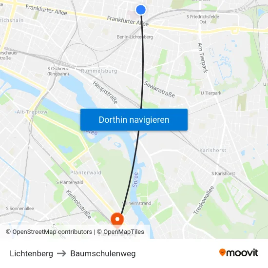 Lichtenberg to Baumschulenweg map