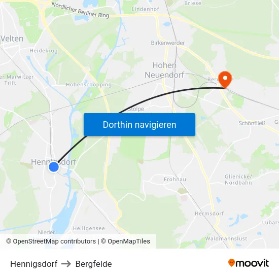 Hennigsdorf to Bergfelde map