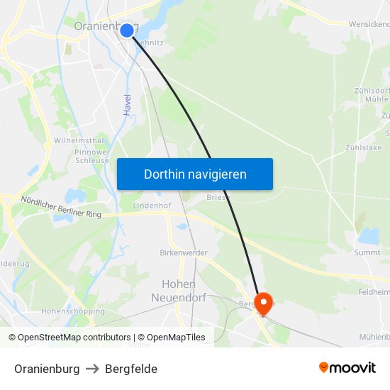 Oranienburg to Bergfelde map