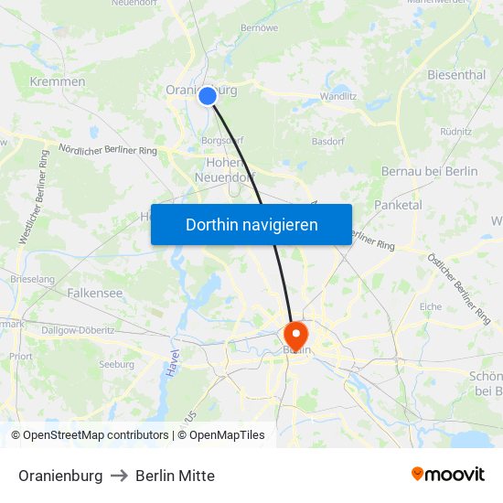 Oranienburg to Berlin Mitte map